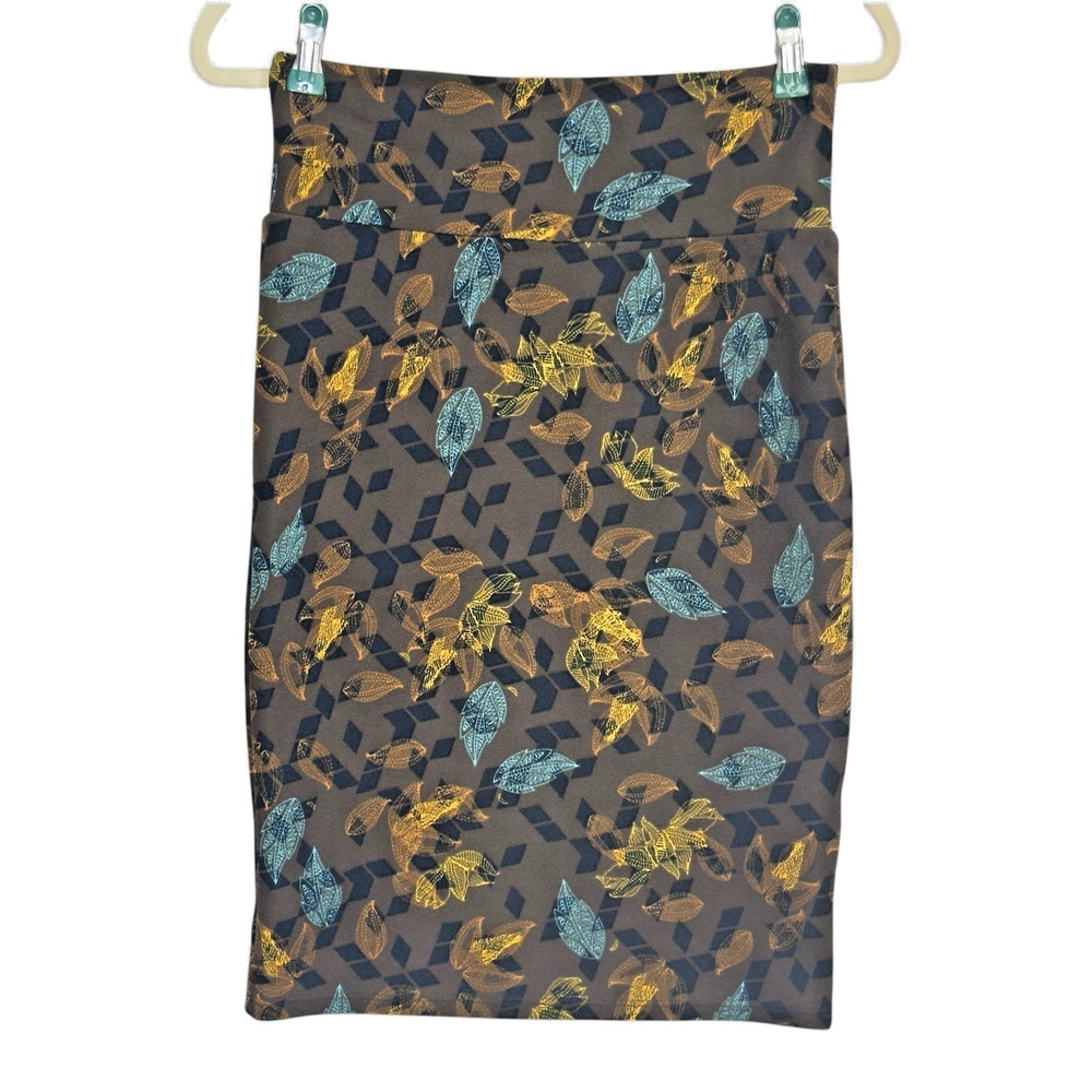 LuLaRoe Cassie Pencil Skirt S Mustard Teal Abstract Leaf Print Stretch Teacher